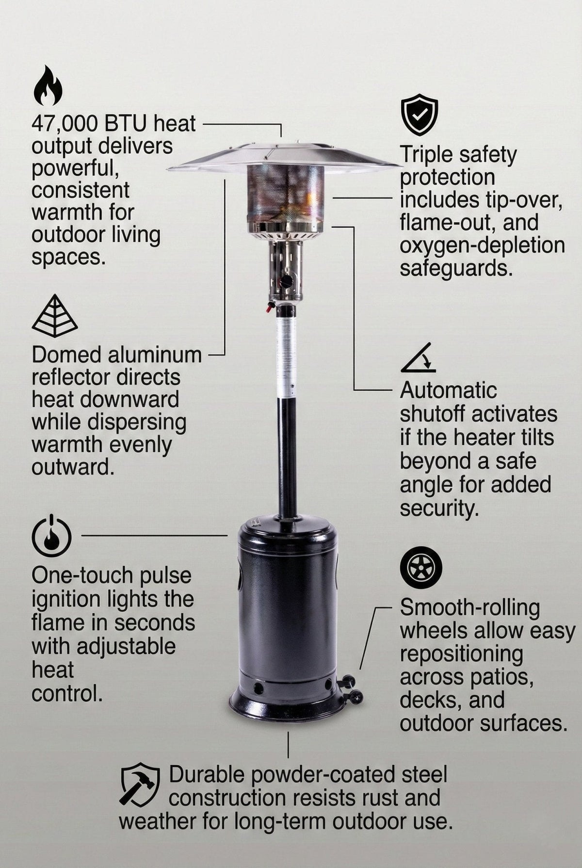 Solara Stand Patio Heater, Hammered Schwarz
